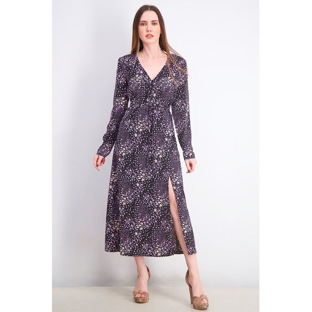 Missguided Floral Midi Dress Size 4 Long Sleeve Black Purple Cottagecore Summer